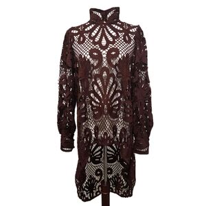 Boston Proper Chocolate Brown Crochet Lace High-Low Top Mock Neck Size Medium